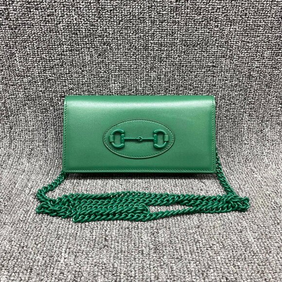 100% Authentic GUCCI Horsebit 1955 Chain Wallet Green Leather Shoulder Bag - Picture 1 of 13